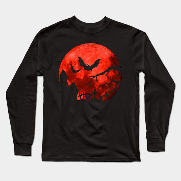 Blood Moon Spooky Yard Bats - Halloween Long Sleeve T-Shirt by HappyGiftArt